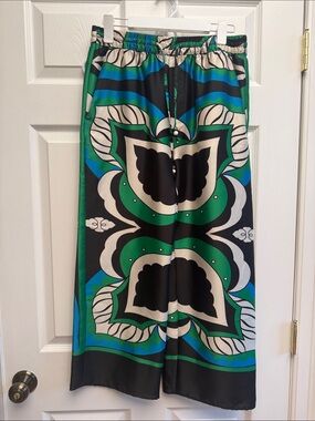 Zara Green, Blue, Black & Cream Wide-Leg Printed Pants